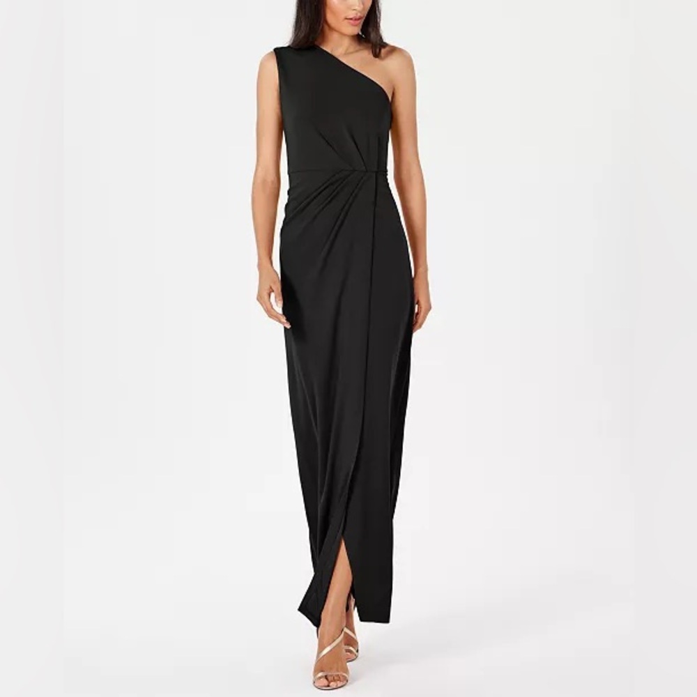 Calvin Klein one-shoulder black gown